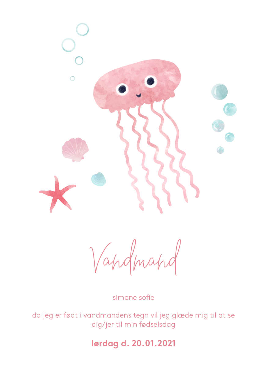 
                Dåbsinvitation med en cute tegning af dåbsbarnets stjernetegn. Denne invitation har en sød vandmand på og nogle muslinger. I kan på bagsiden indsætte gaveønsker eller indsæt et skønt foto af det lille dåbsbarn.. Til invitationen findes alt det relaterede festpynt I har brug for i samme design i form af velkomstskilt, bordoversigt, menukort, bordkort, drinkskort, takkekort mm. således I kan skabe en rød tråd for dagen.                